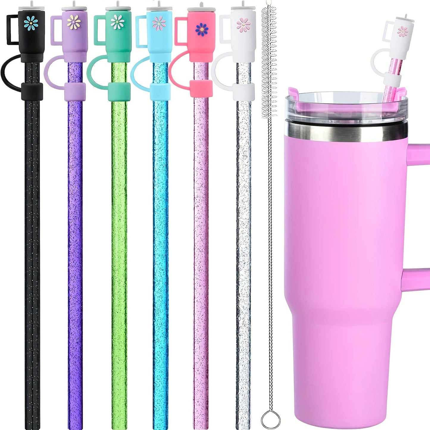 6pcs Colorful Glitter Reusable Straws with Tips Cover